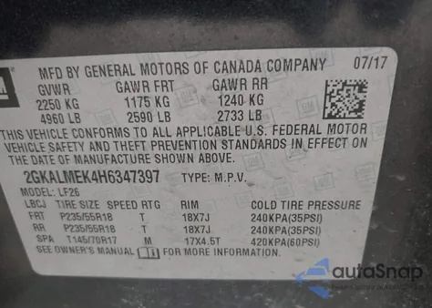 2017 GMC Terrain Sle-1 из США, поврежденный, VIN 2GKALMEK4H6347397